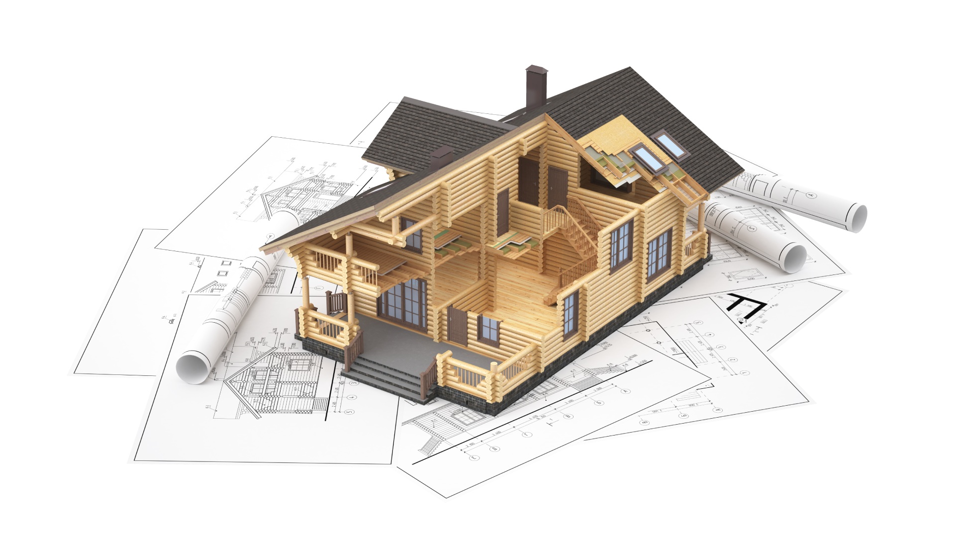 Schitz Bau - Aufwändig gestaltetes Modellhaus aus Holz mit geöffnetem Querschnitt steht auf Bauplänen